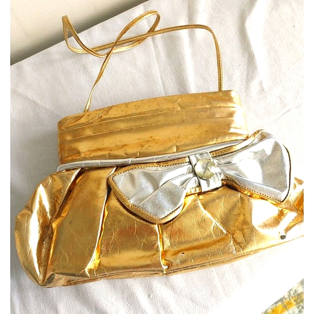 80s VTG Leather Shoulder Bag Gold Silver Crossbody Clutch Hinged Bow